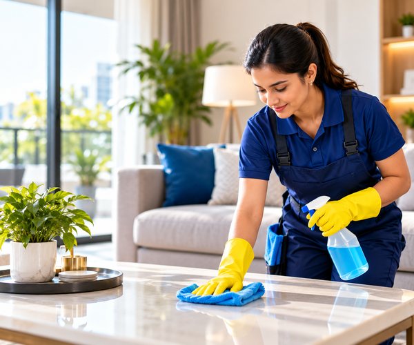 Professional cleaner wiping a table in a bright home