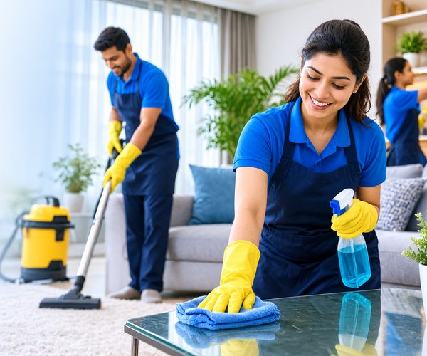 Cleaning team working in a modern living space