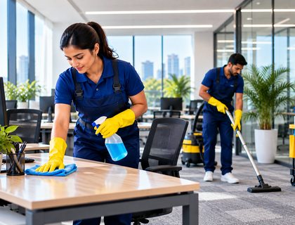 Cleaner maintaining a bright office workspace