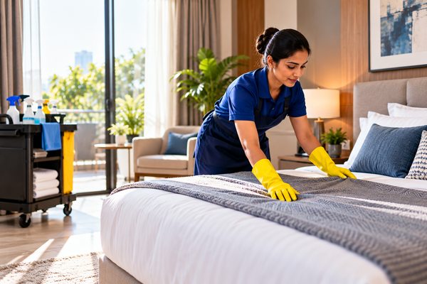 A cleaner preparing a bright bedroom