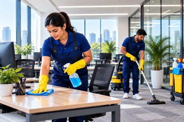 Professional cleaner wiping a desk in a modern office