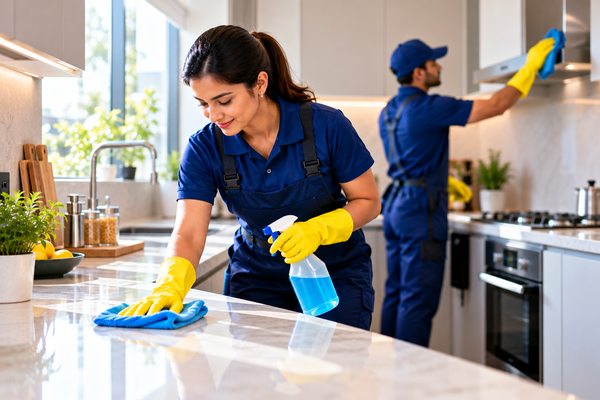 Professional cleaner wiping a modern kitchen counter