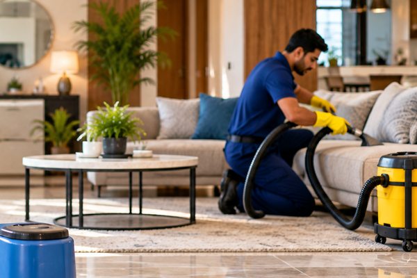 Professional cleaner extracting dirt from sofa upholstery